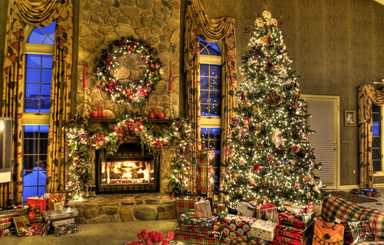 Photo wallpaper house, mood, holiday, toys, tree, gifts, New year, fireplace