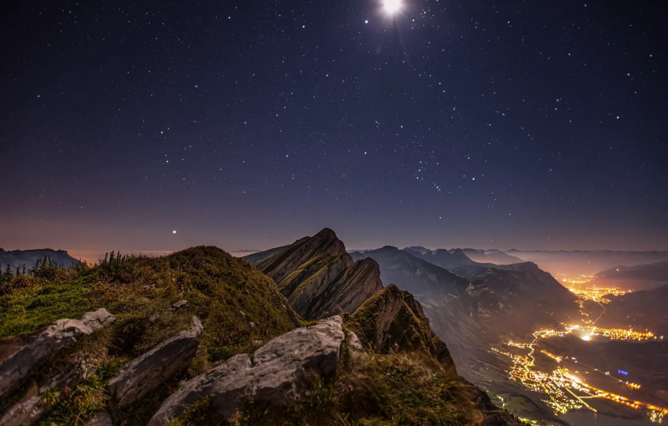 Photo wallpaper clouds, mountains, night, lights, height, valley