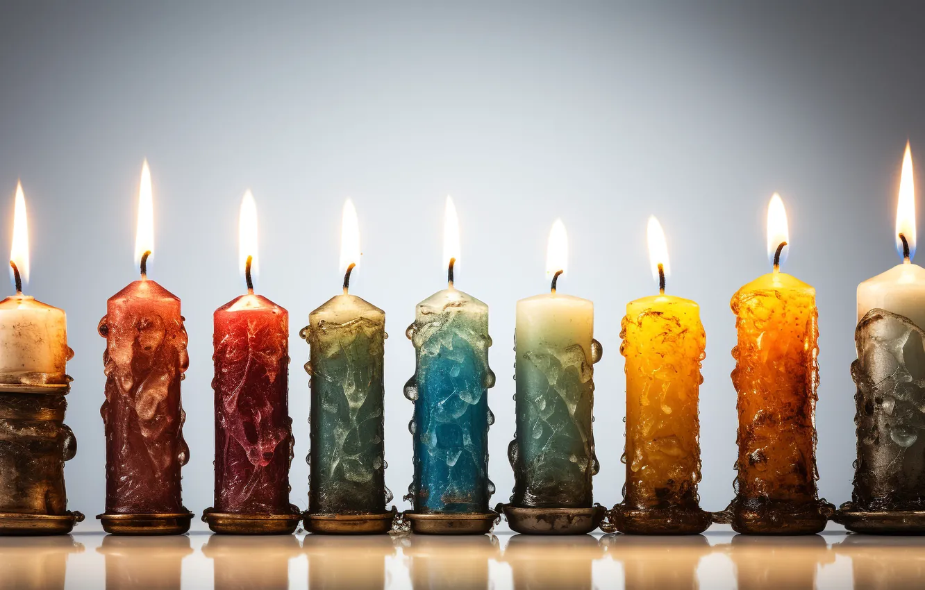 Photo wallpaper drops, reflection, fire, flame, candles, Christmas, New year, grey background