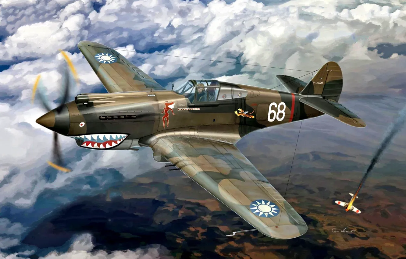 Photo wallpaper Warhawk, P-40C, Curtiss P-40, American Volunteer Group, Flying Tigers, Hawk 81-A2, 3 pursuit squadron