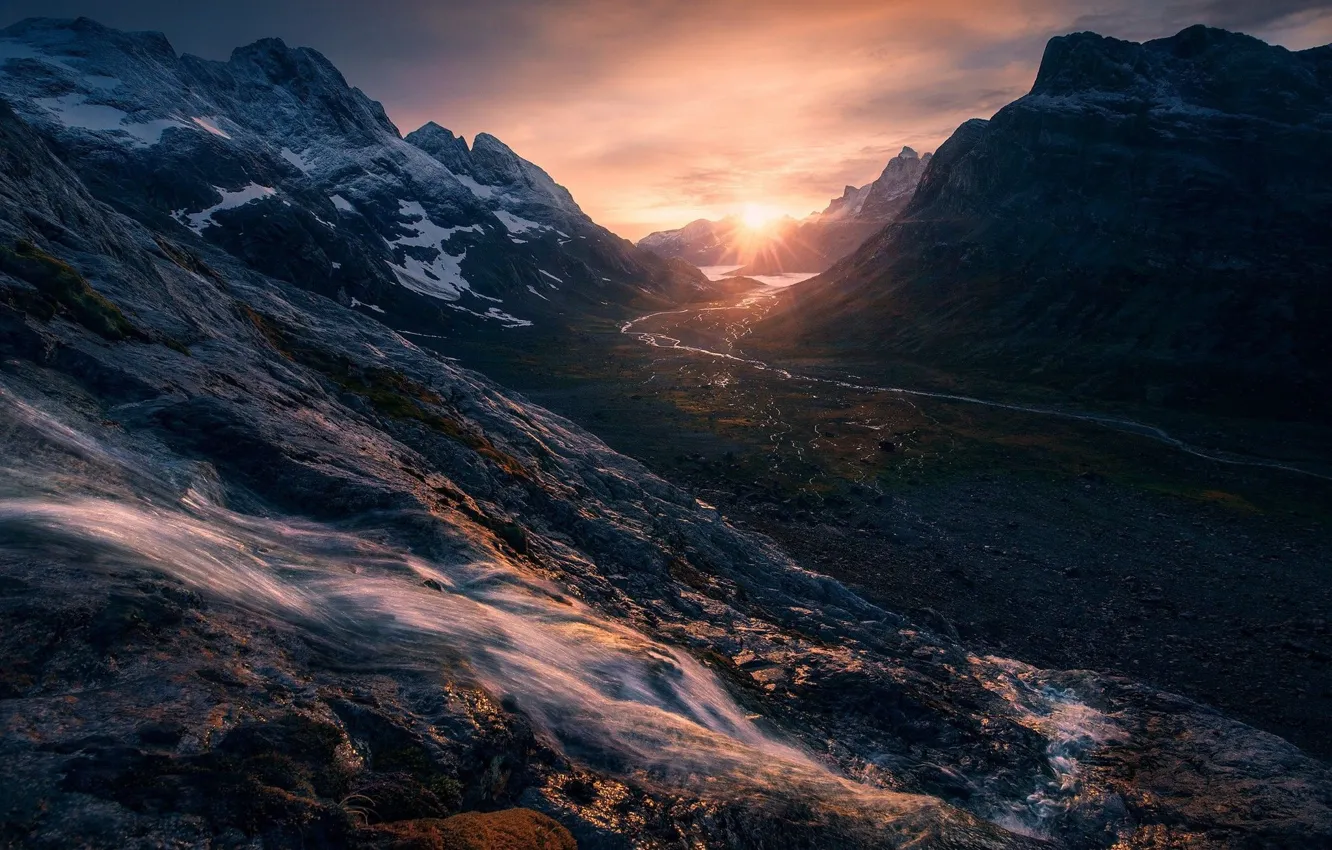 Photo wallpaper the sky, the sun, sunset, mountains, nature, river, rocks, Greenland