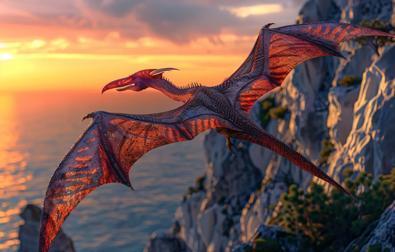 Photo wallpaper sea, flight, mountains, animal, dawn, wings, dinosaur, pterodactyl