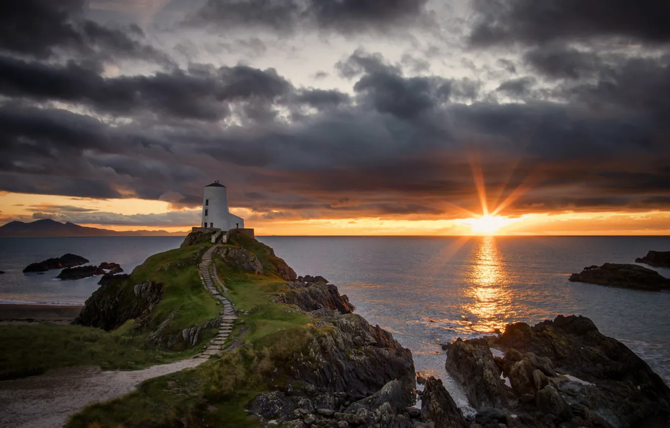Photo wallpaper sunset, lighthouse, glow, Wales, the island of INIS Llanddwyn