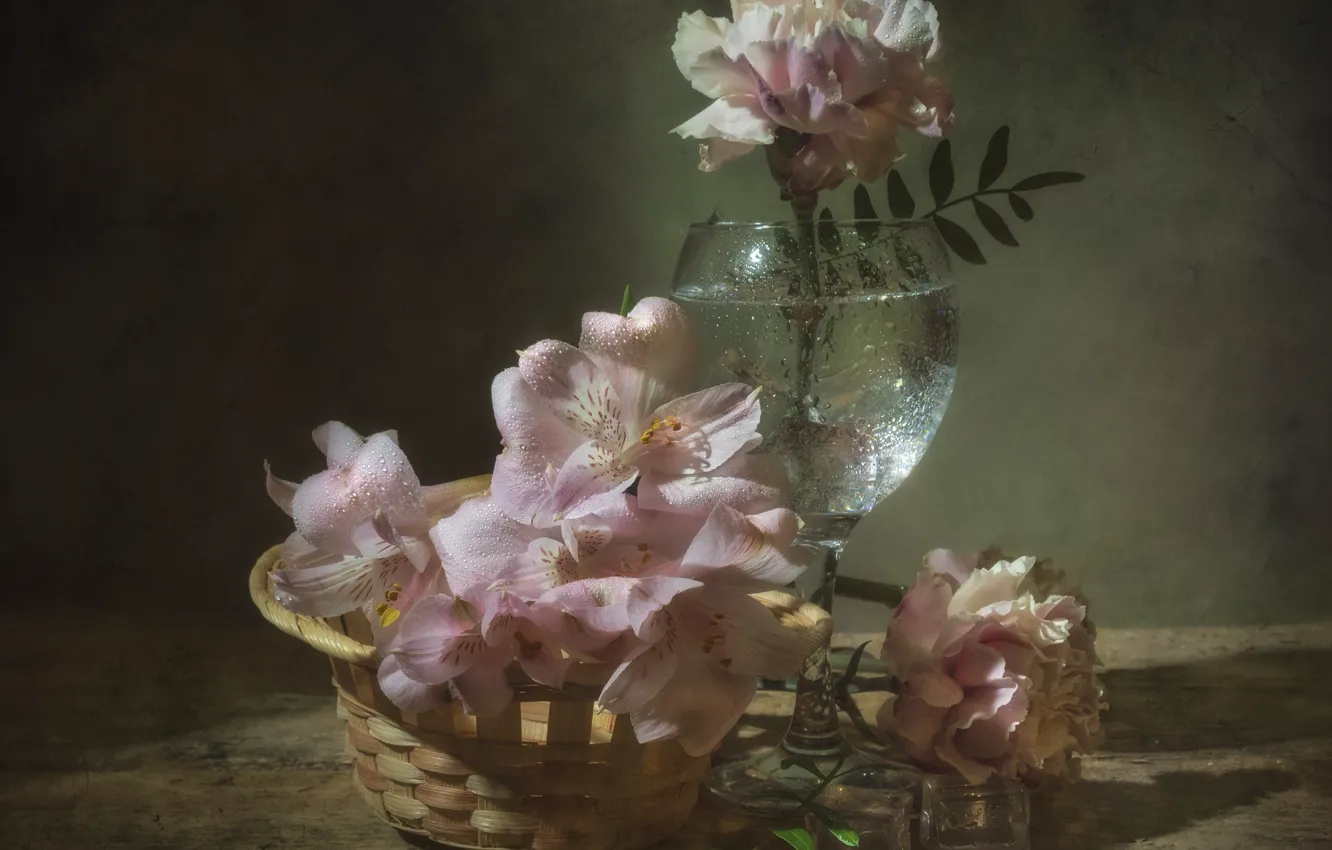 Photo wallpaper flowers, Lily, glass, roses, still life, basket, Vladimir Volodin