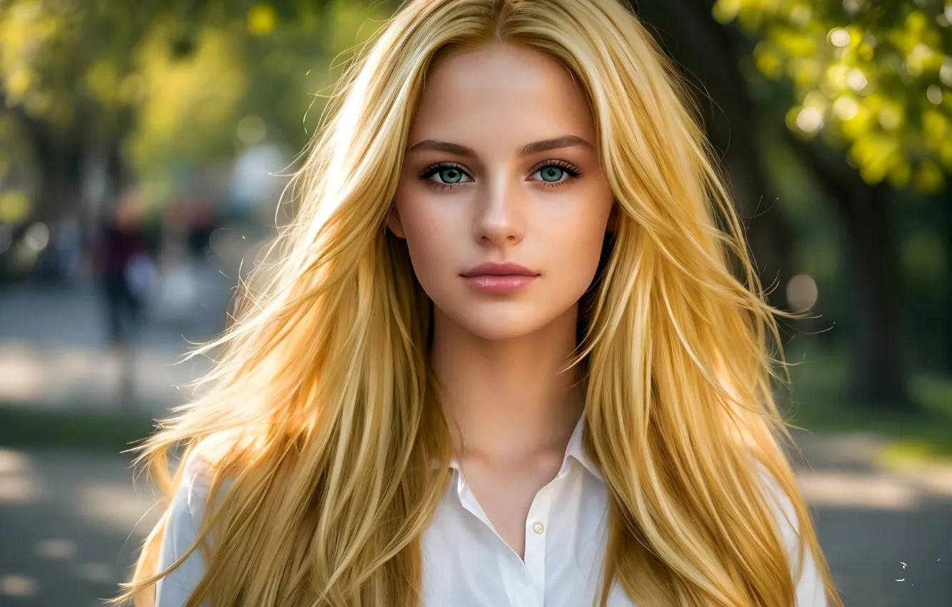 Photo wallpaper girl, trees, face, digital art, photorealism, digital art, views, artificial intelligence