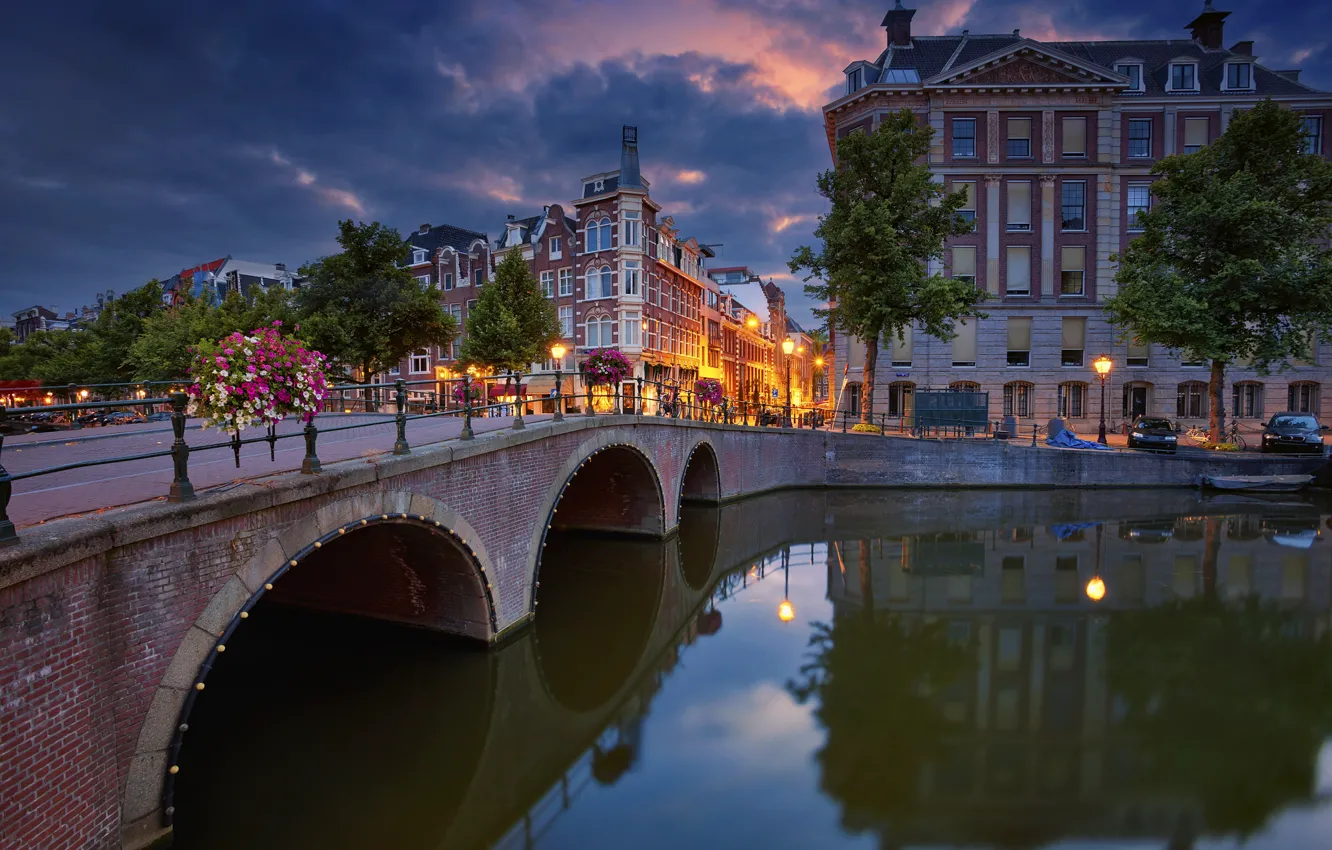 Photo wallpaper trees, bridge, reflection, building, Amsterdam, channel, Netherlands, promenade
