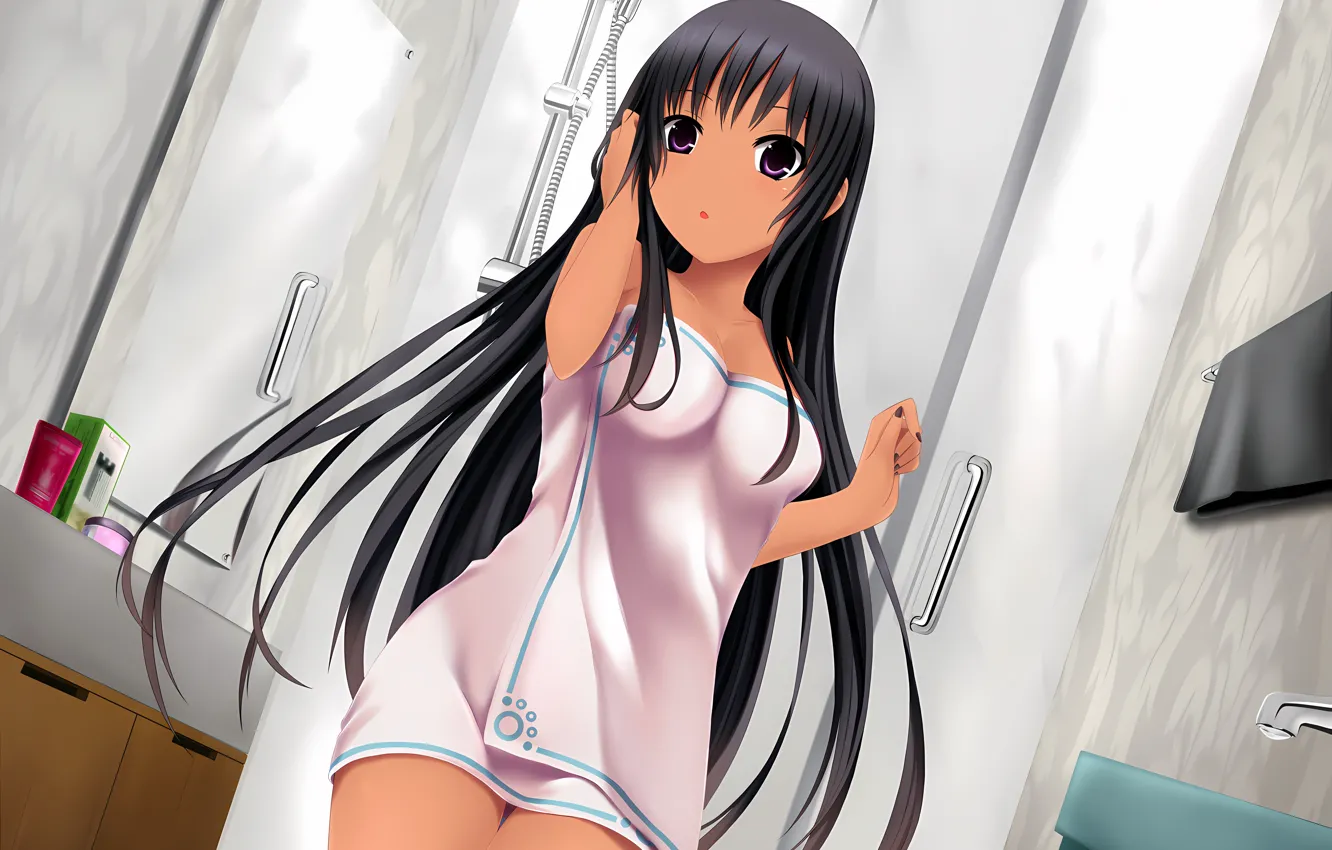 Photo wallpaper girl, sexy, long hair, boobs, anime, beautiful, purple eyes, bath
