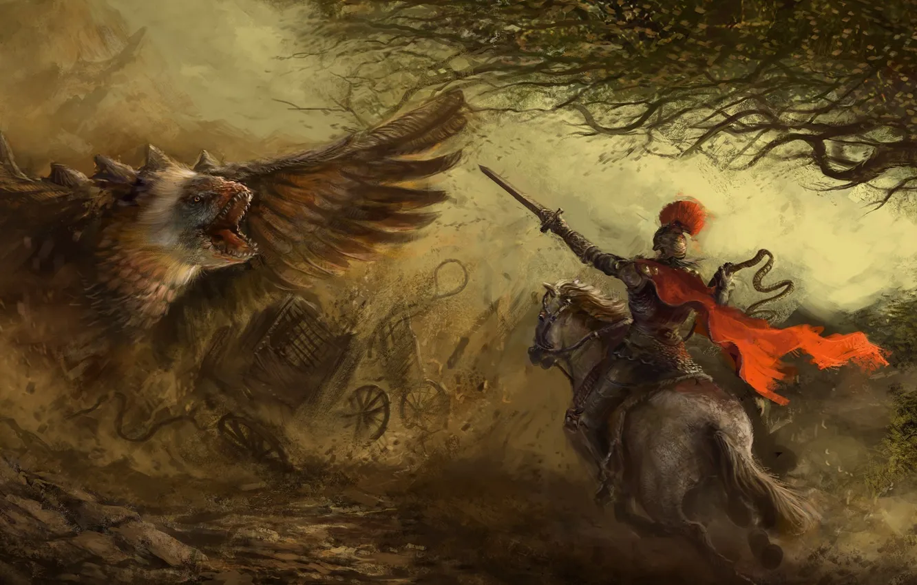Photo wallpaper bird, monster, sword, warrior, art, mouth, wagon, rider