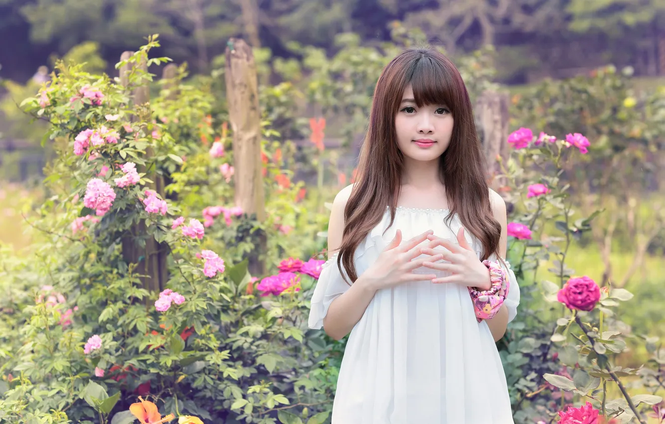 Photo wallpaper look, girl, flowers, face, hair