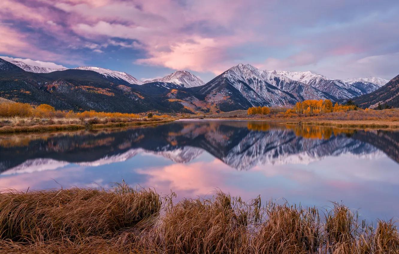 Photo wallpaper the sky, clouds, trees, mountains, lake, reflection, mirror, the bushes