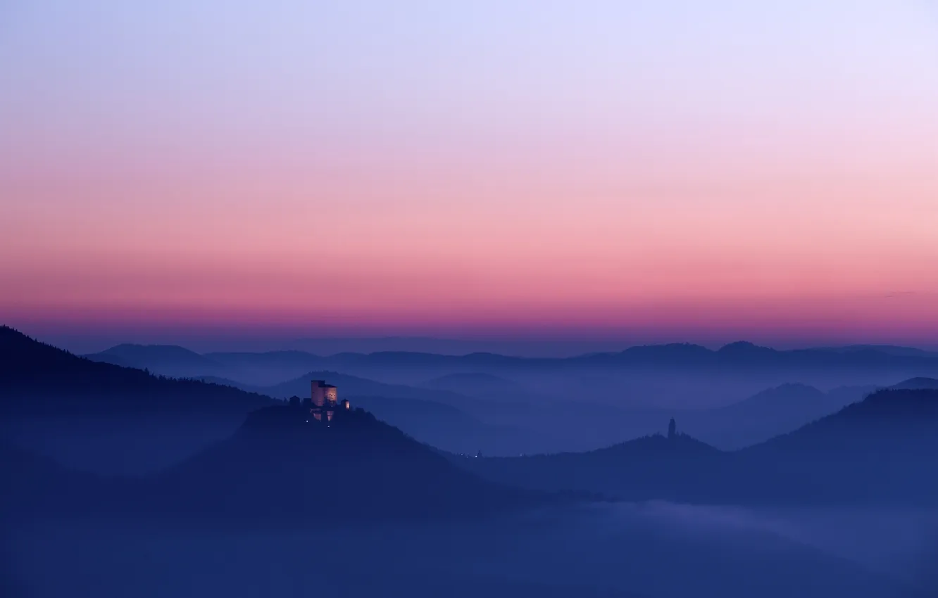 Photo wallpaper fog, castle, fortress, hills.morning