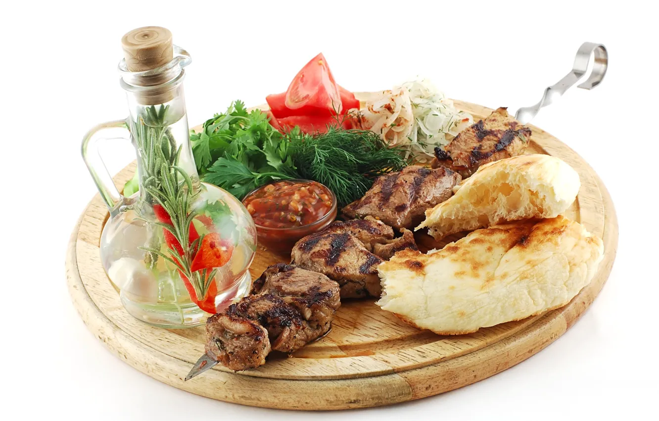 Photo wallpaper bread, white background, Board, vegetables, kebab, skewer