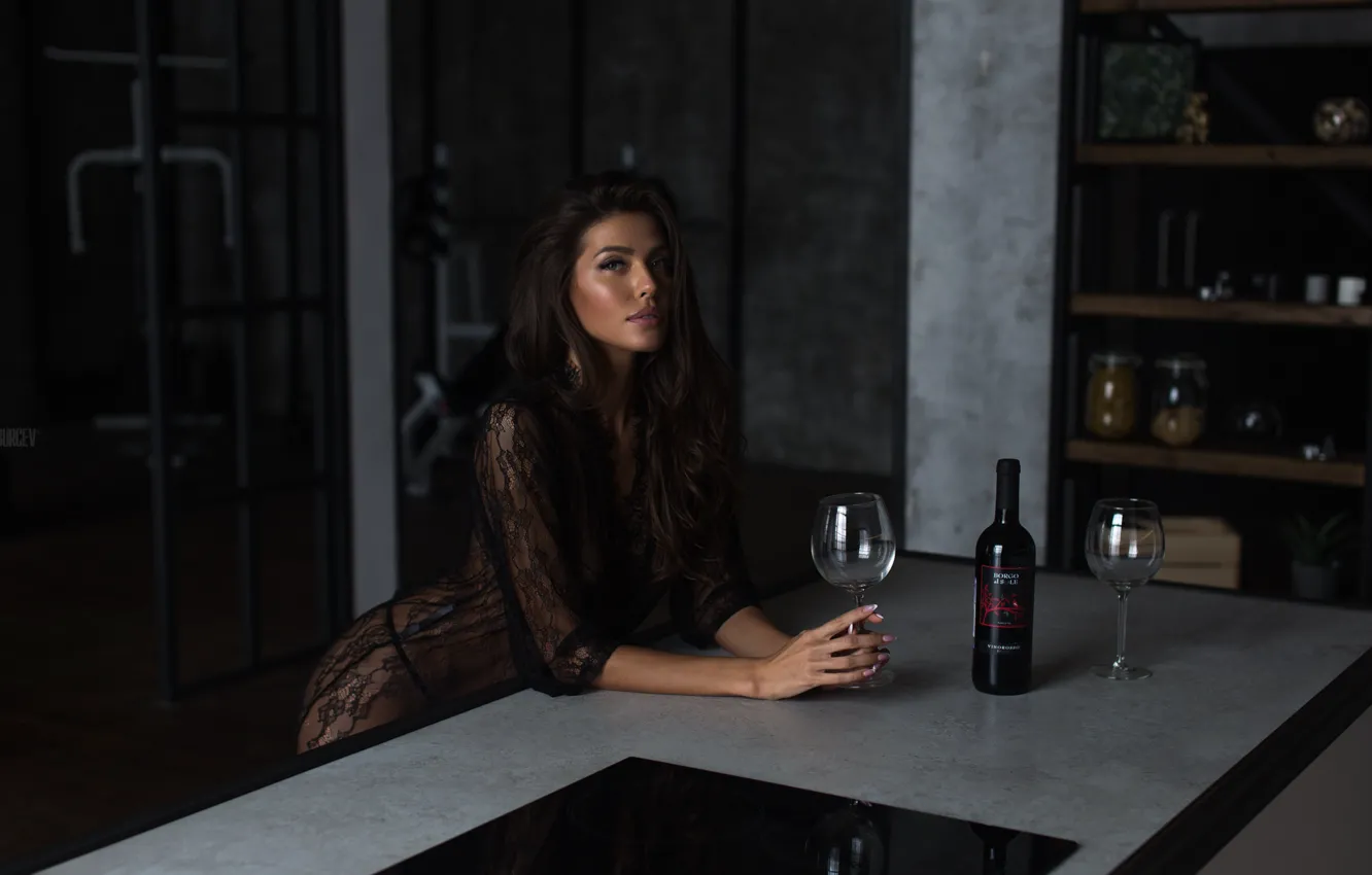 Photo wallpaper girl, pose, glass, bottle, Alexey Burtsev, Katerina Sozinova