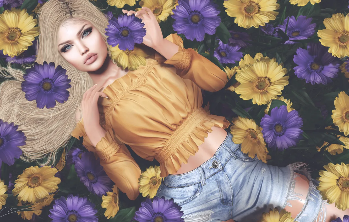 Photo wallpaper girl, flowers, blonde