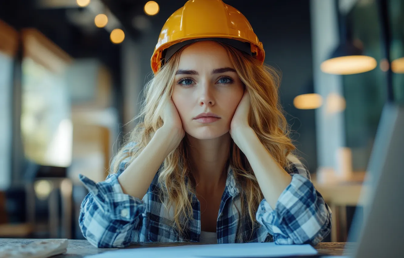 Photo wallpaper look, girl, blue, yellow, face, table, work, plant