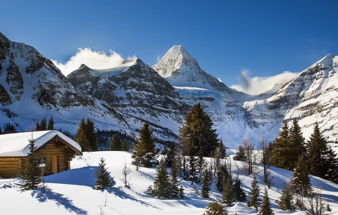 Photo wallpaper winter, snow, trees, house, mountain, ate, Canada, Canadian Rockies