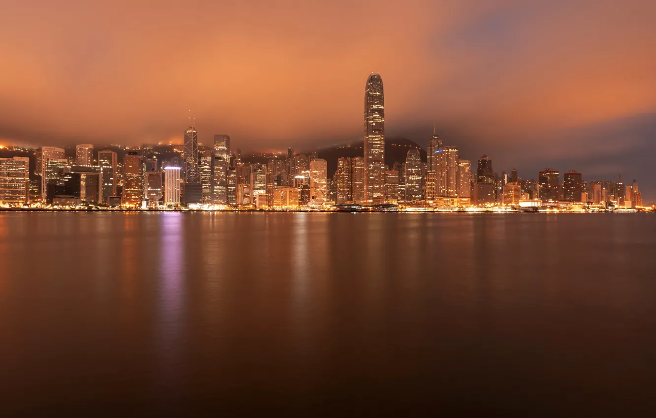 Photo wallpaper sea, lights, dawn, coast, building, home, Hong Kong, skyscrapers