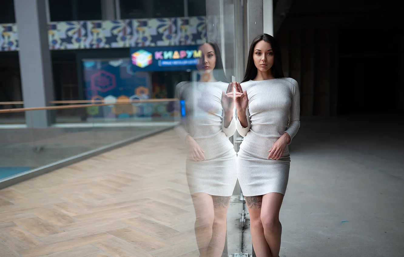 Photo wallpaper look, glass, pose, reflection, model, portrait, makeup, figure