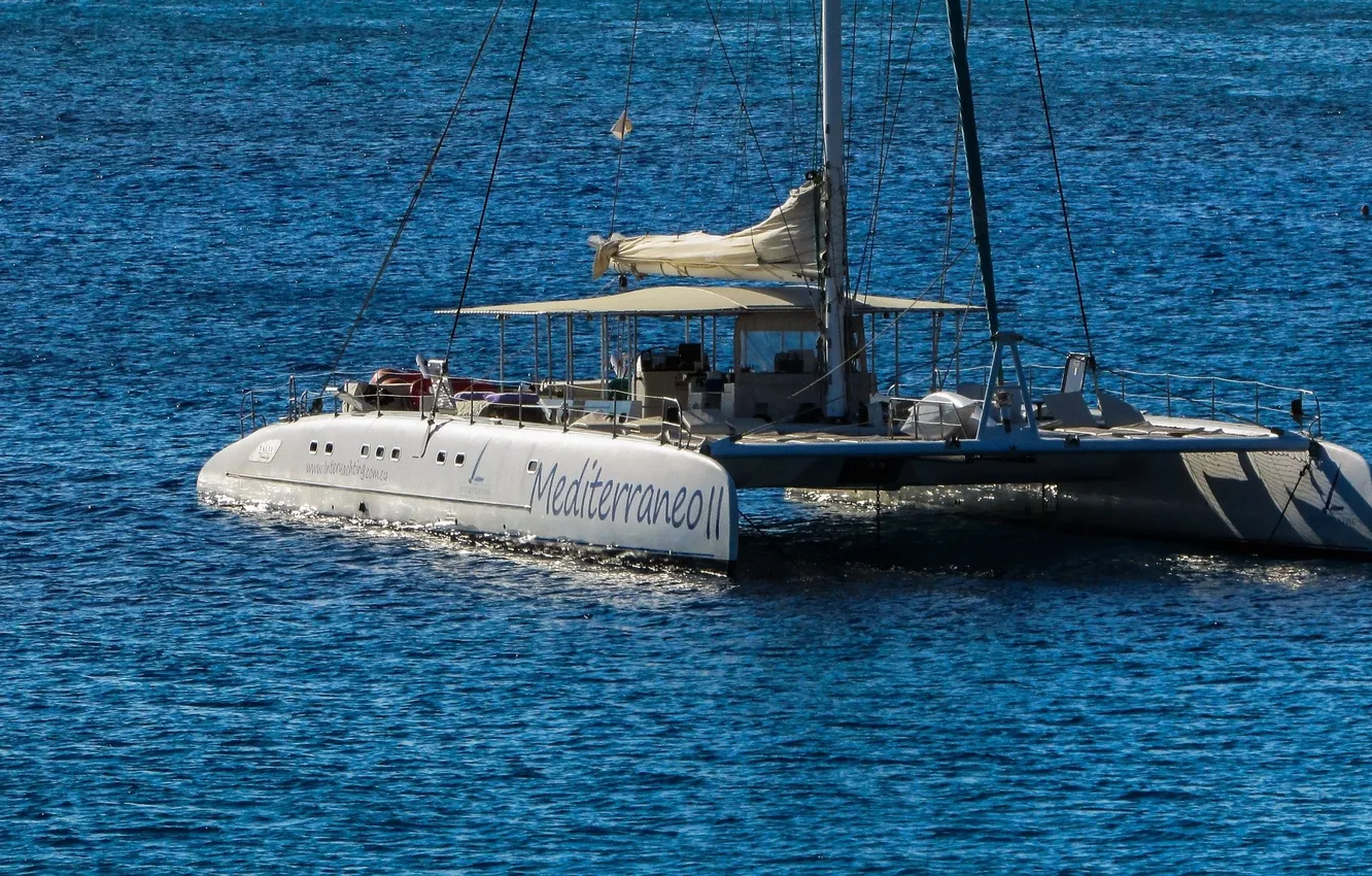 Photo wallpaper sea, yacht, catamaran, mast, rigging, The Mediterranean sea, at anchor, Mediterraneo II