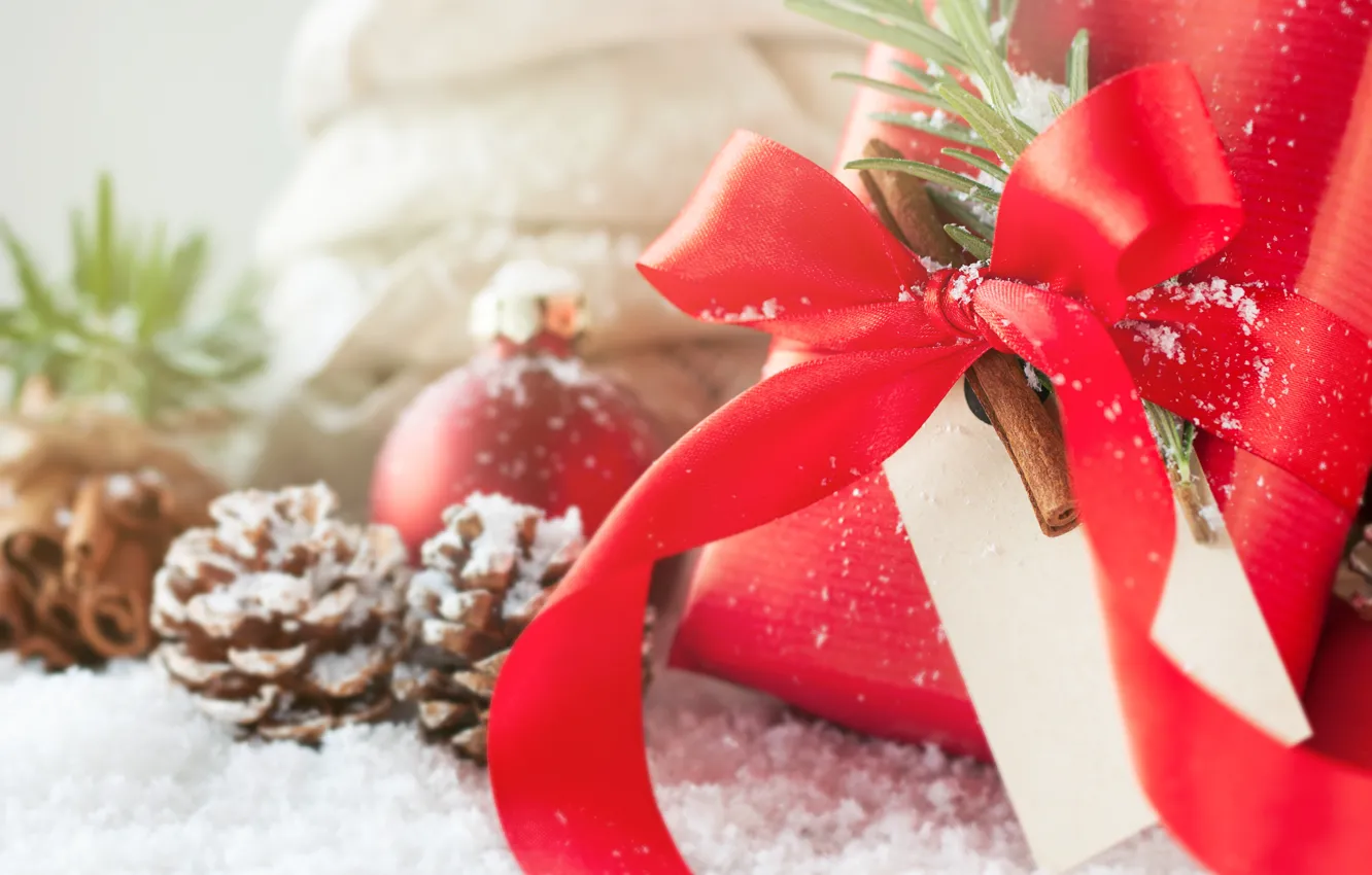 Photo wallpaper winter, balls, snow, red, sprig, box, gift, new year