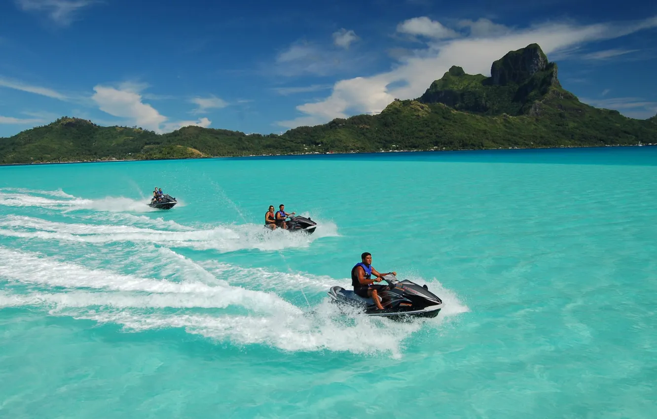 Photo wallpaper sea, the sky, Islands, mountains, stay, motorcycles, island, French Polynesia
