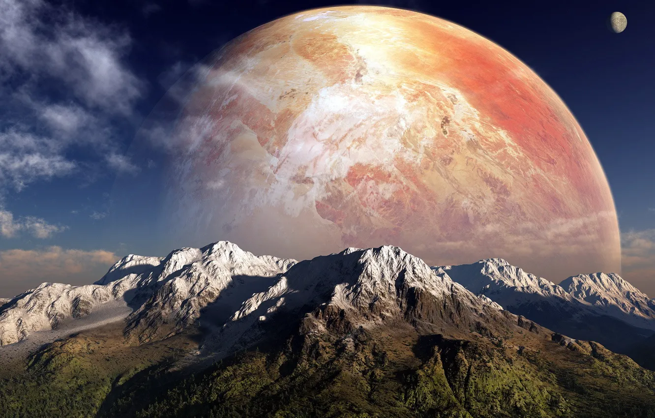 Photo wallpaper the sky, clouds, mountains, planet
