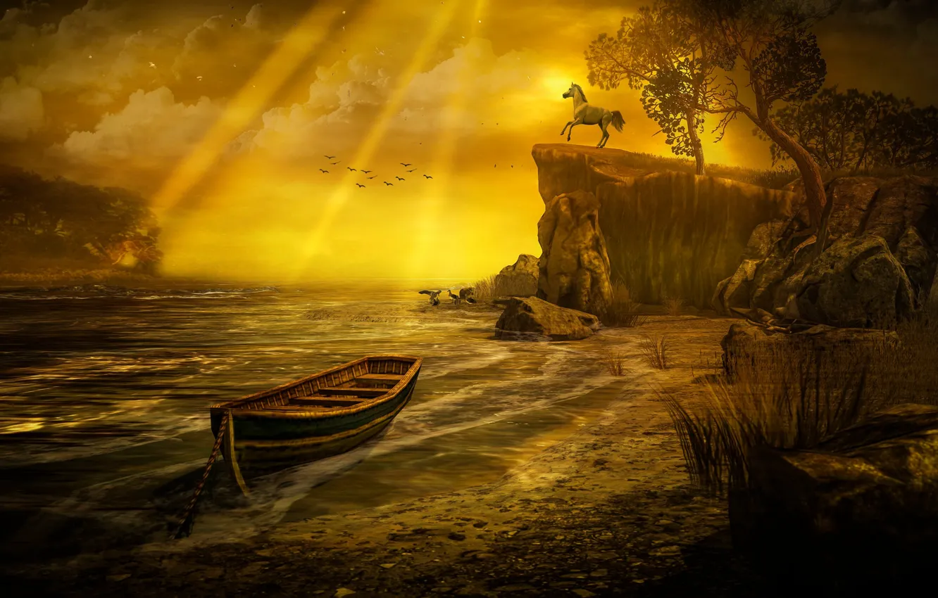 Photo wallpaper sea, the sky, clouds, rays, light, trees, landscape, sunset