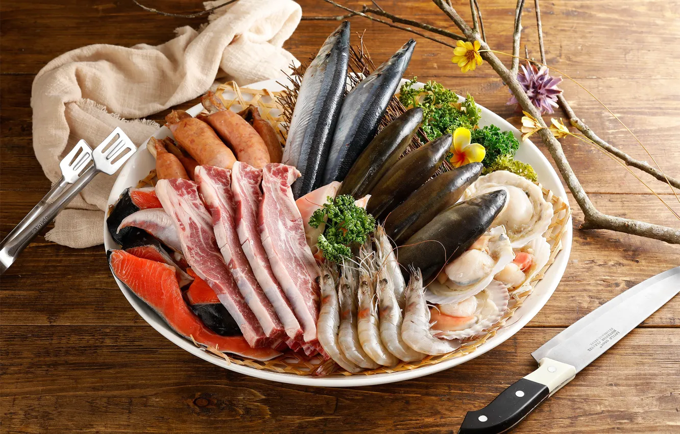 Photo wallpaper fish, bacon, shrimp, seafood