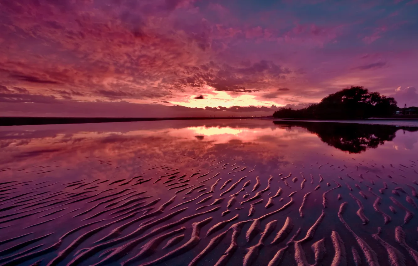 Photo wallpaper sand, sunset, reflection, river, the evening, twilight