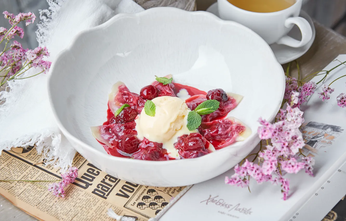 Photo wallpaper flowers, cherry, ice cream, dumplings