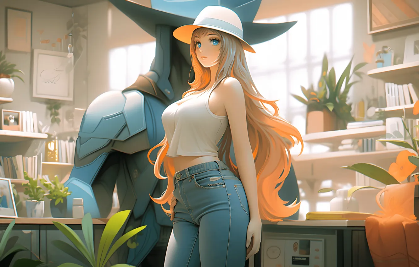 Photo wallpaper long hair, hat, blue eyes, leaves, women, window, interior, blonde