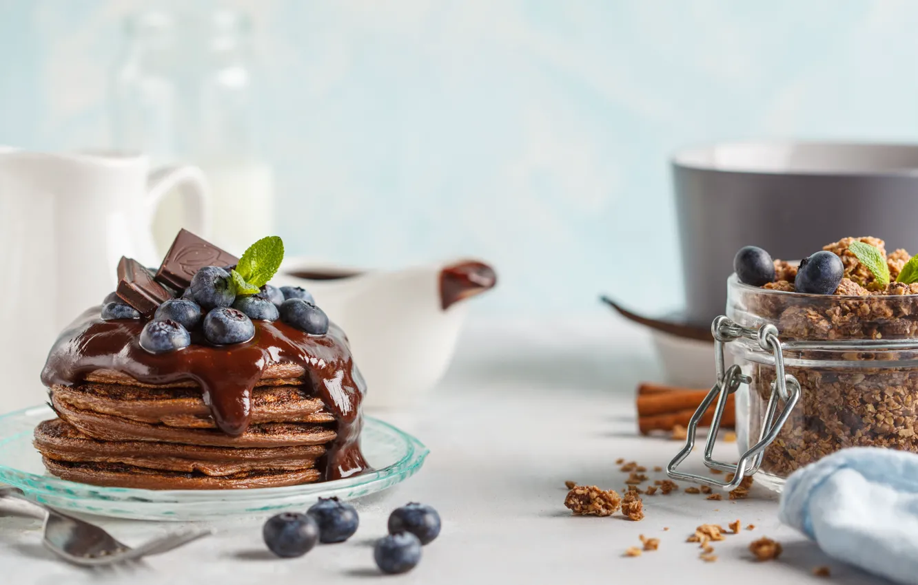 Photo wallpaper berries, chocolate, Breakfast, blueberries, pancakes, muesli