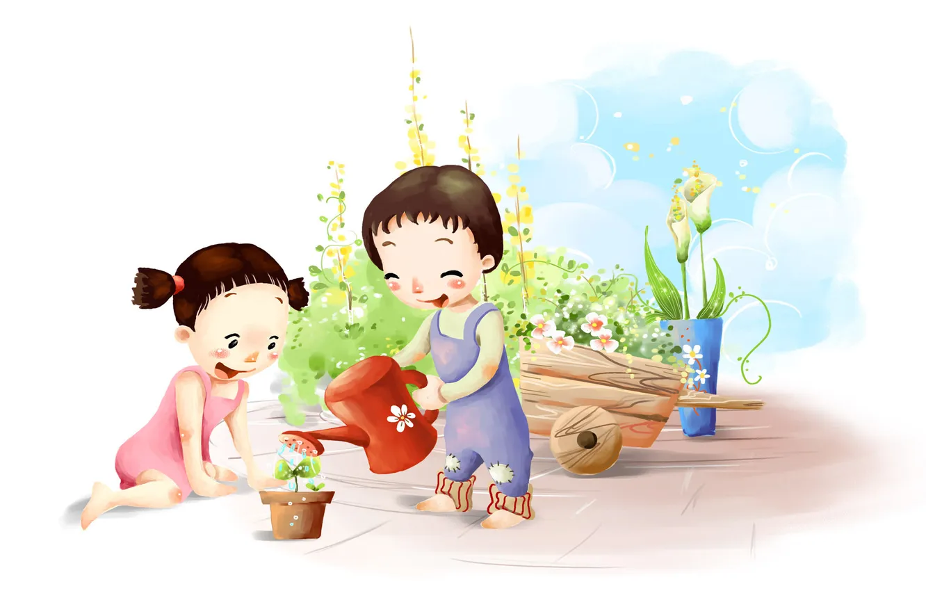 Photo wallpaper flowers, children, lake