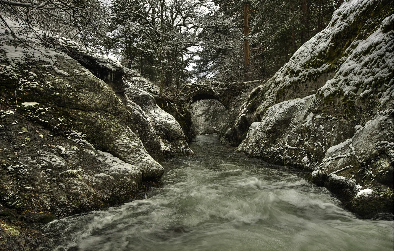 Photo wallpaper snow, bridge, Park, river, stream, Spain