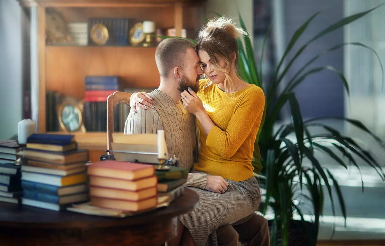 Photo wallpaper girl, light, table, hugs, pair, book, male, lovers