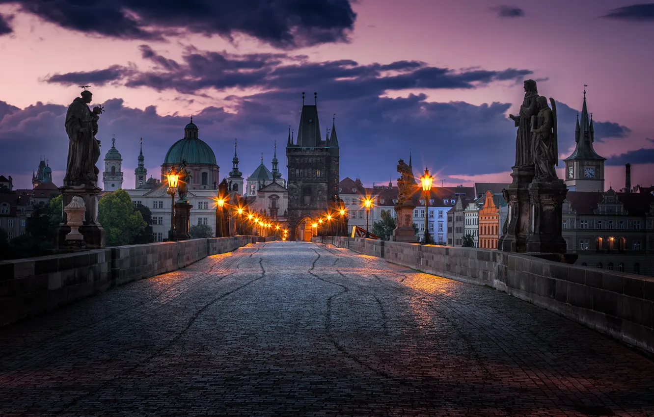 Photo wallpaper clouds, bridge, lights, Prague, Czech Republic