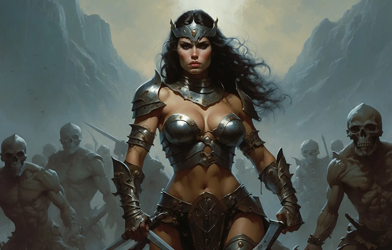 Photo wallpaper girl, sword, warrior, skeleton, undead, army