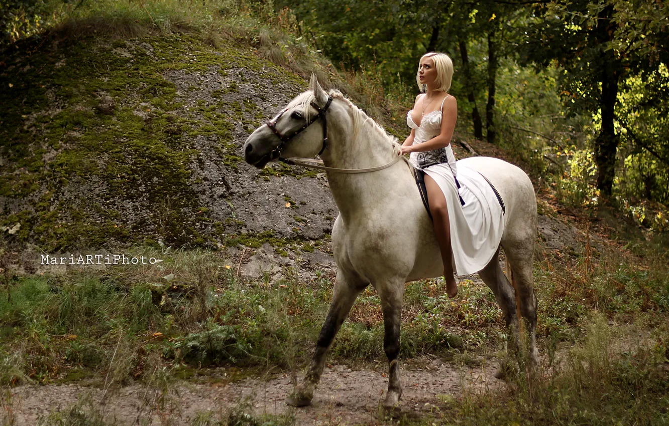 Photo wallpaper blonde, white dress, white horse, girl on horse