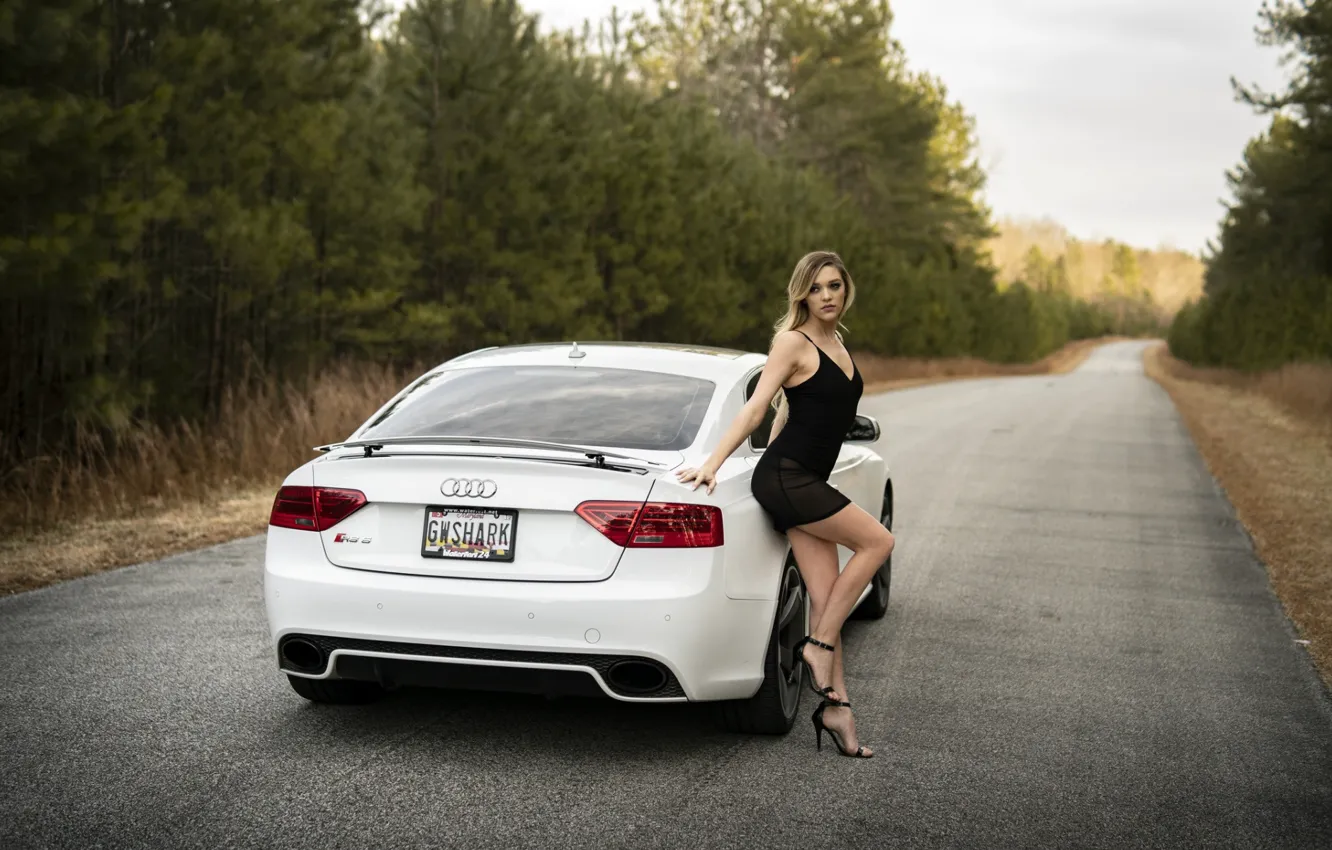 Photo wallpaper road, Audi, Girls, beautiful girl, white car, posing on the car