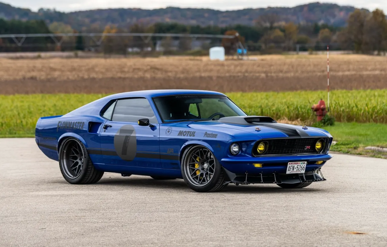 Photo wallpaper 1969, Race, Ford Mustang, Blue, Coupe, Muscle car, Mach 1, Ringbrothers