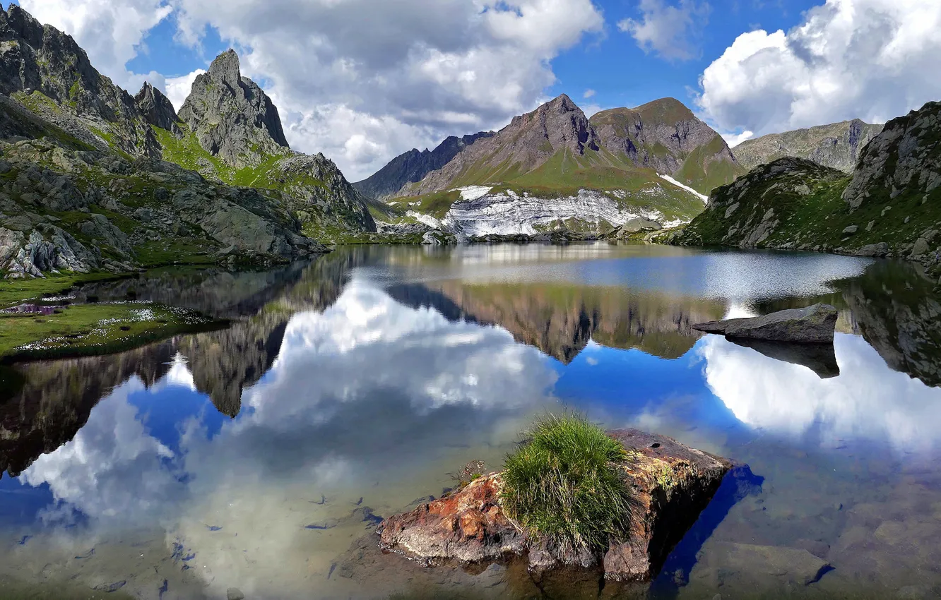 Photo wallpaper the sky, clouds, mountains, lake