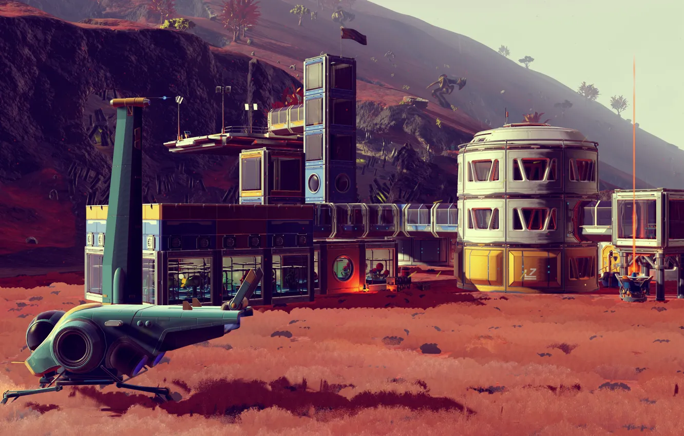 Photo wallpaper planet, station, starship, No Man's Sky, Hello Games
