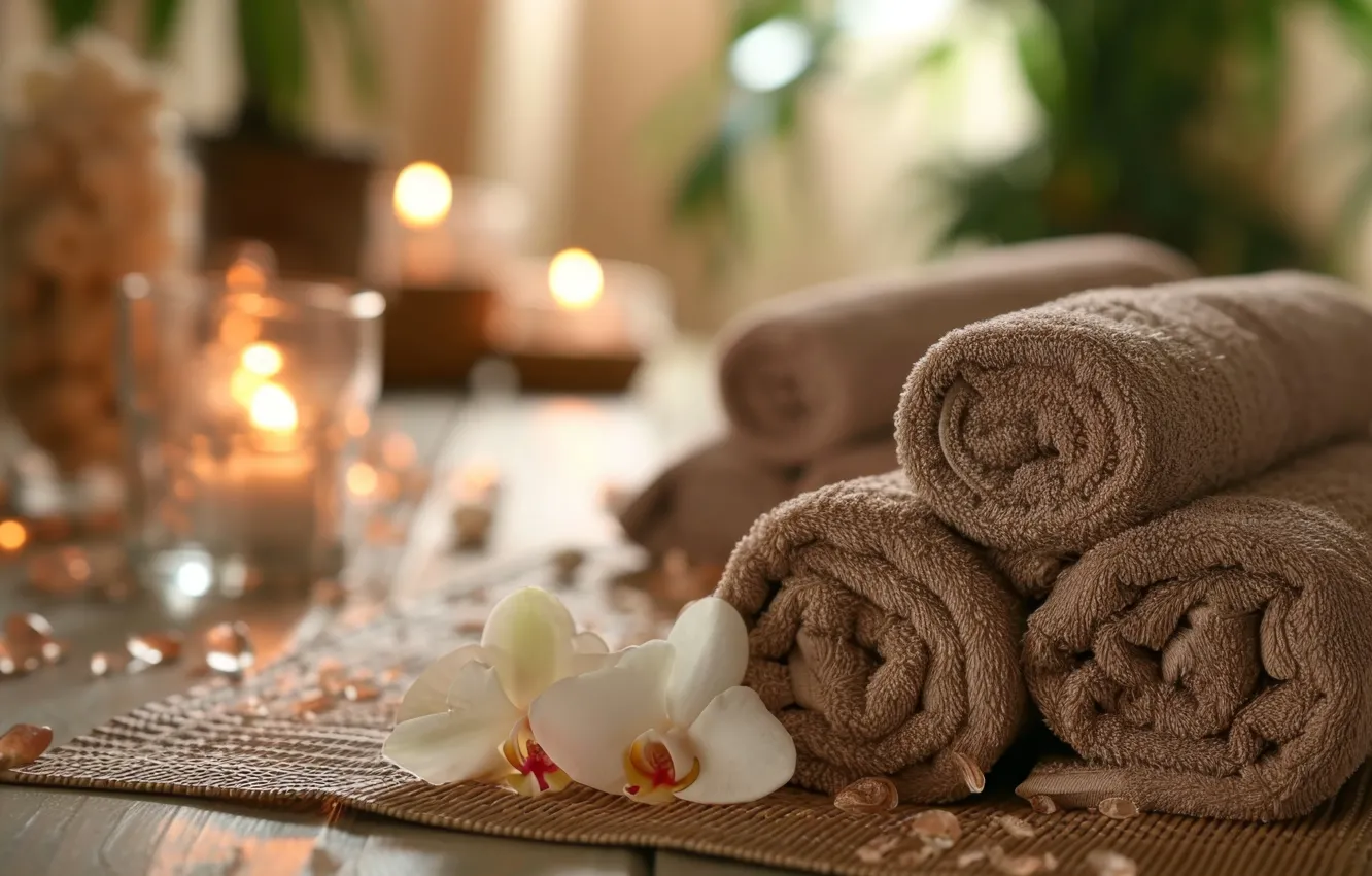Photo wallpaper flowers, towel, candles, Orchid, AI art, neural network