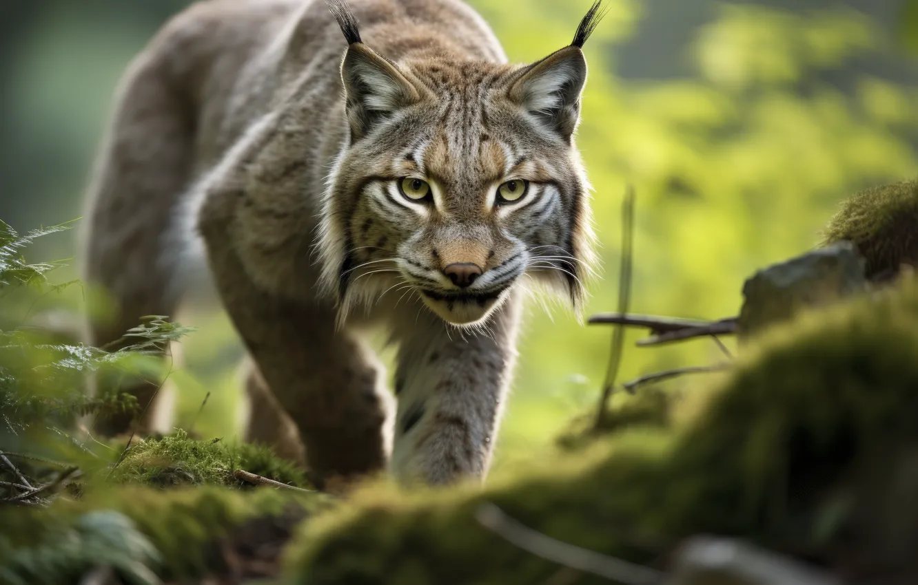 Photo wallpaper greens, look, nature, pose, stones, moss, walk, lynx