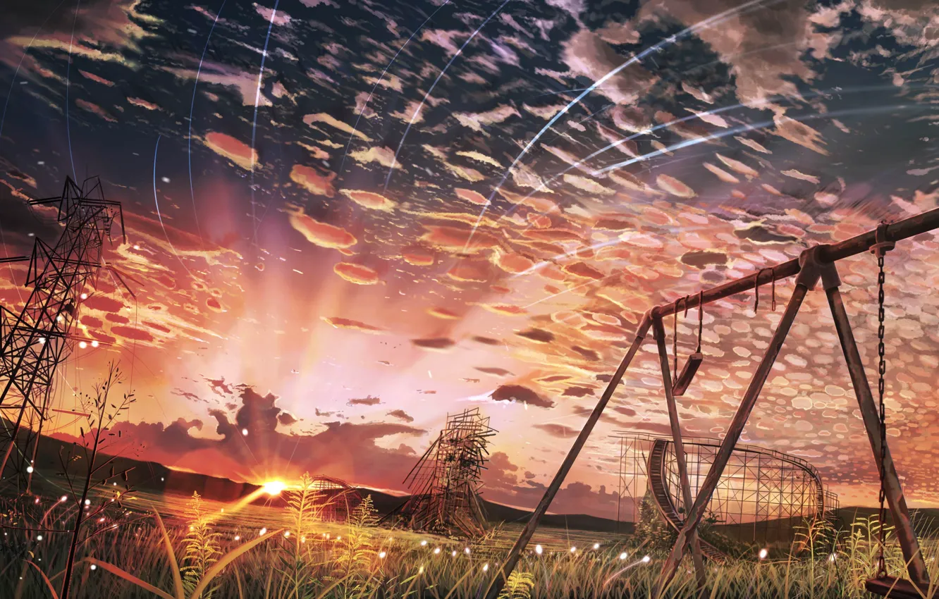 Photo wallpaper sunset, nature, swing