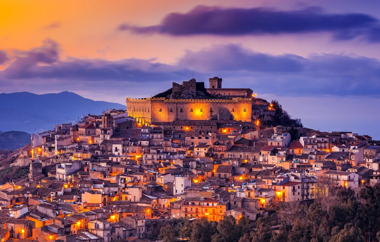 Photo wallpaper the sky, lights, home, the evening, Italy, Italy, Sicily, Sicily