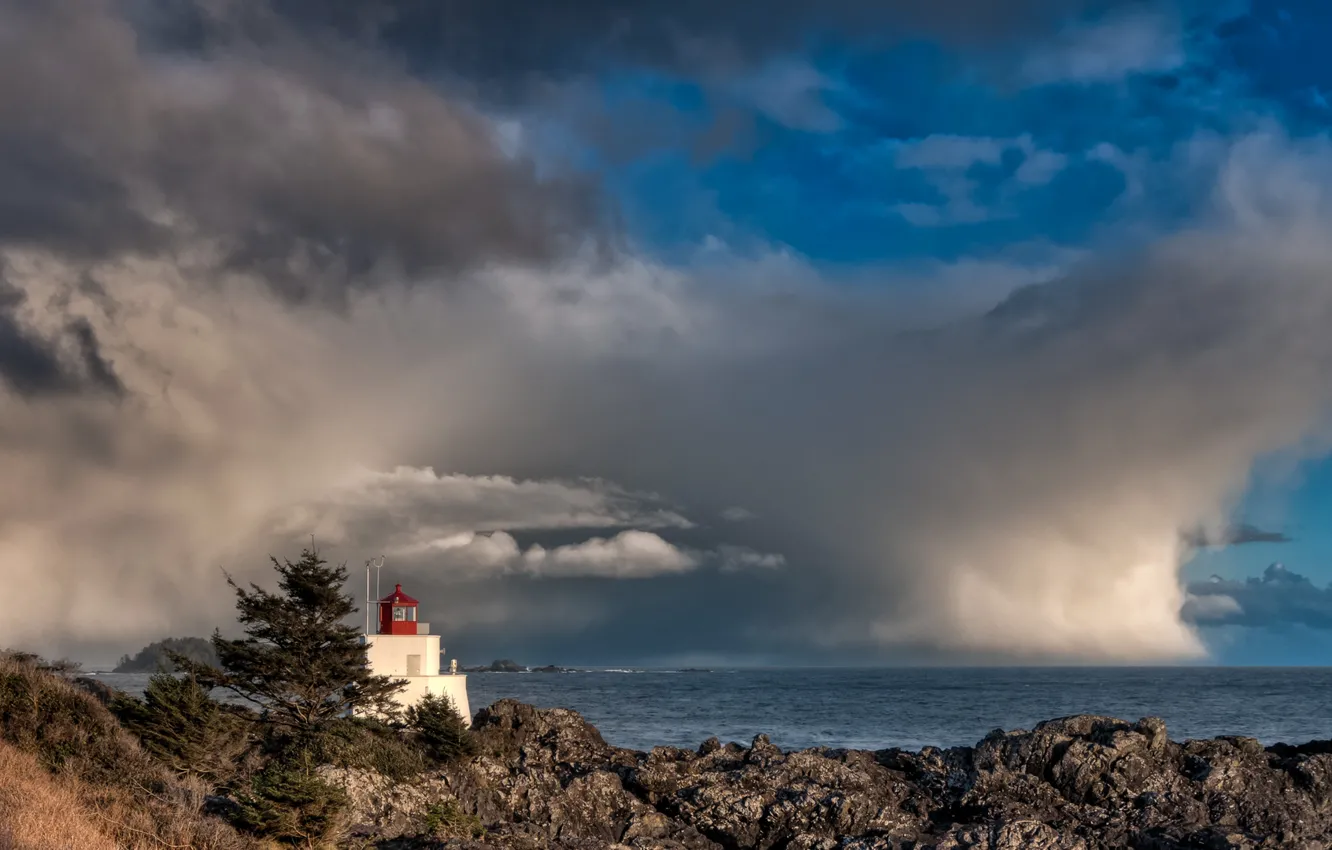 Photo wallpaper the storm, the sky, water, clouds, trees, rocks, building