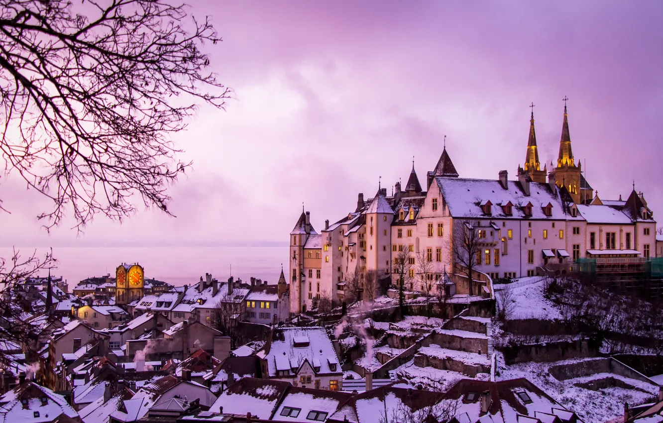 Photo wallpaper winter, lake, castle, building, home, Switzerland, panorama, Switzerland