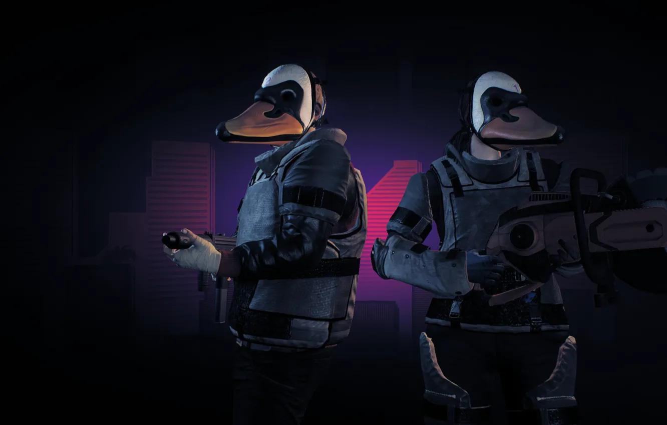 Photo wallpaper gun, game, weapon, Saw, mask, Payday, PAYDAY 2