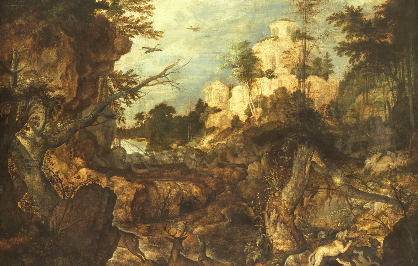 Photo wallpaper oil, picture, Roulant Savera, 1620, Hunting wild boar. Rocky landscape, Roelant Savery